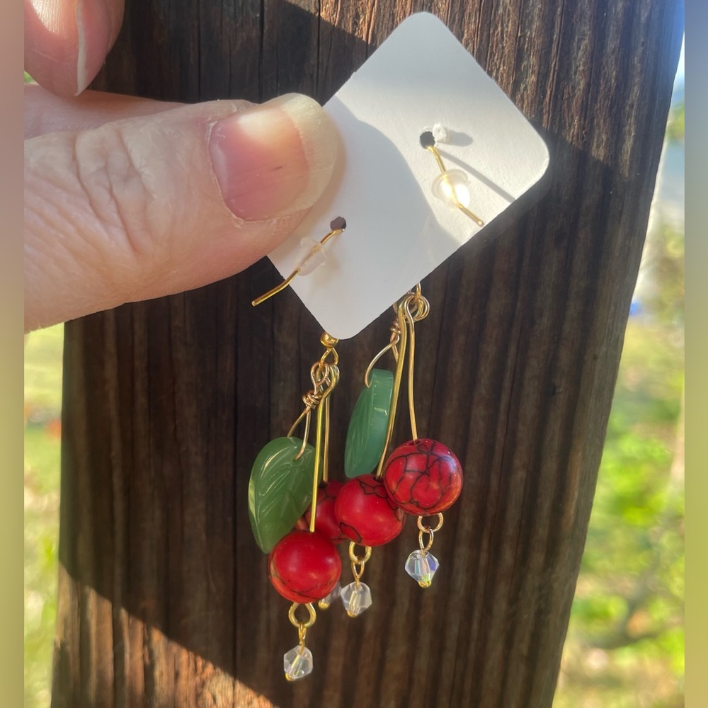 Sweet Red Cherries Hand Crafted Earrings - Picture 5 of 6
